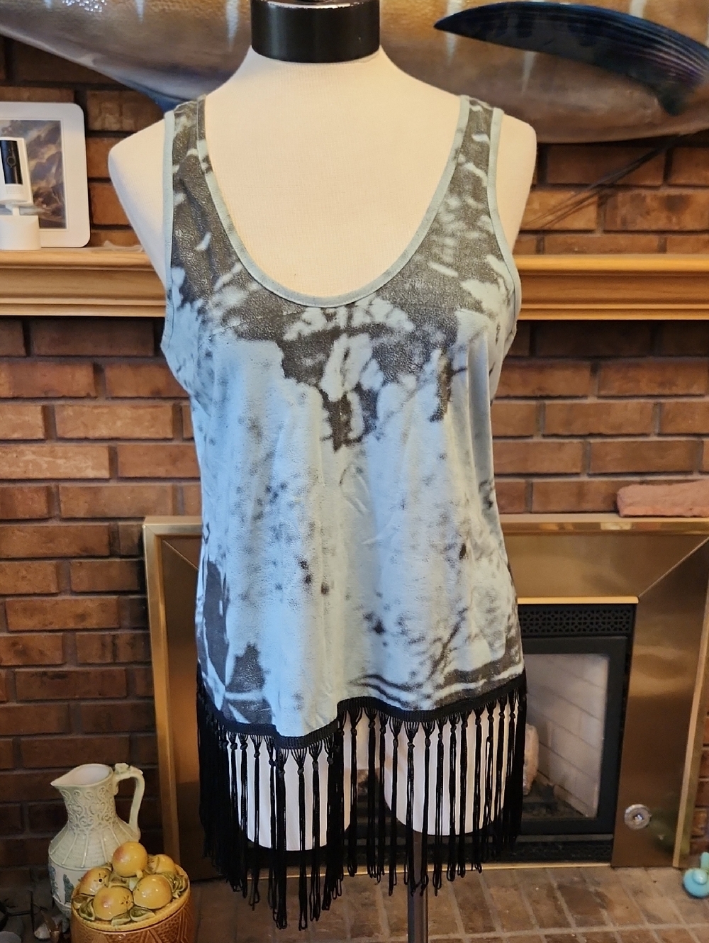 Buffalo David Bitton Blue and Black Tie-Dye Fringe Tank Size Small Festival